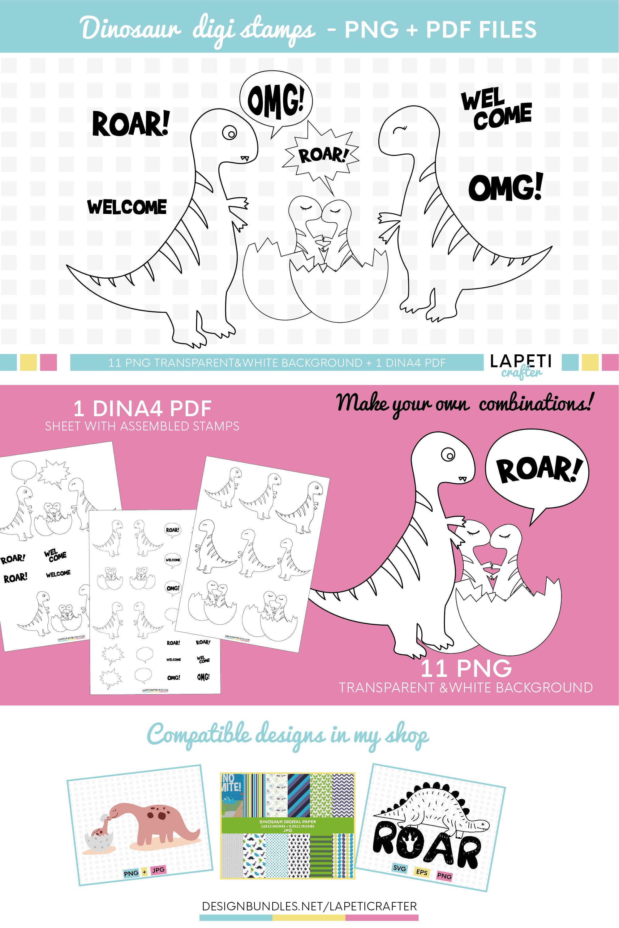 Dinosaur digital stamp, mother and son dinosaur coloring pdf