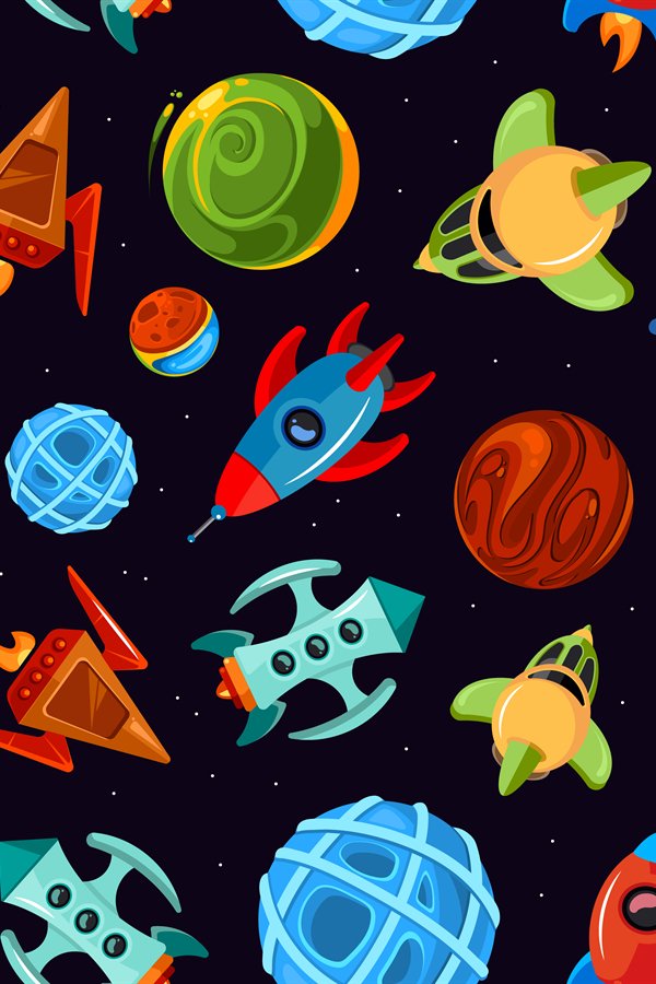 Space vector seamless pattern with spaceships, stars, planet