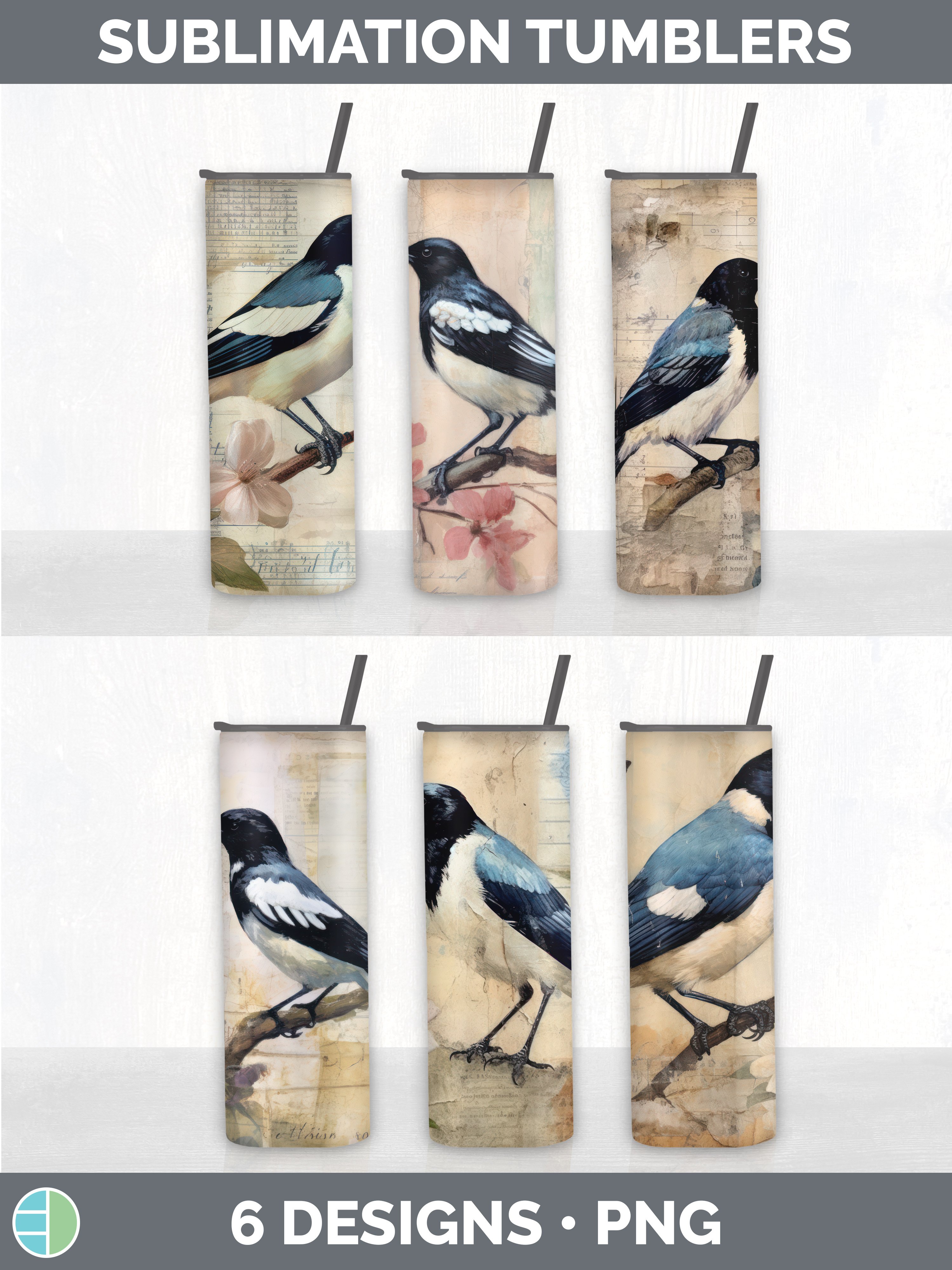 Vintage Magpie Bird Tumbler Sublimation 20 oz Skinny Tumbl