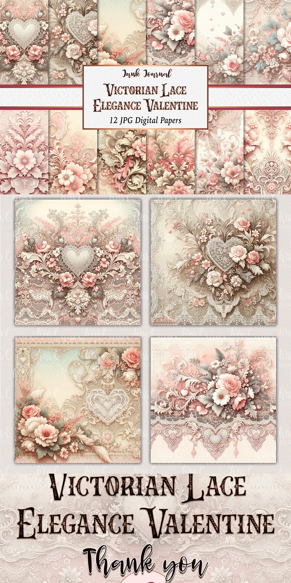 Victorian Lace Elegance Valentine Digital Paper junk journal