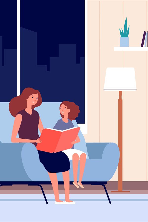 Mother reading book. Mom read bedtime story to her daughter.
