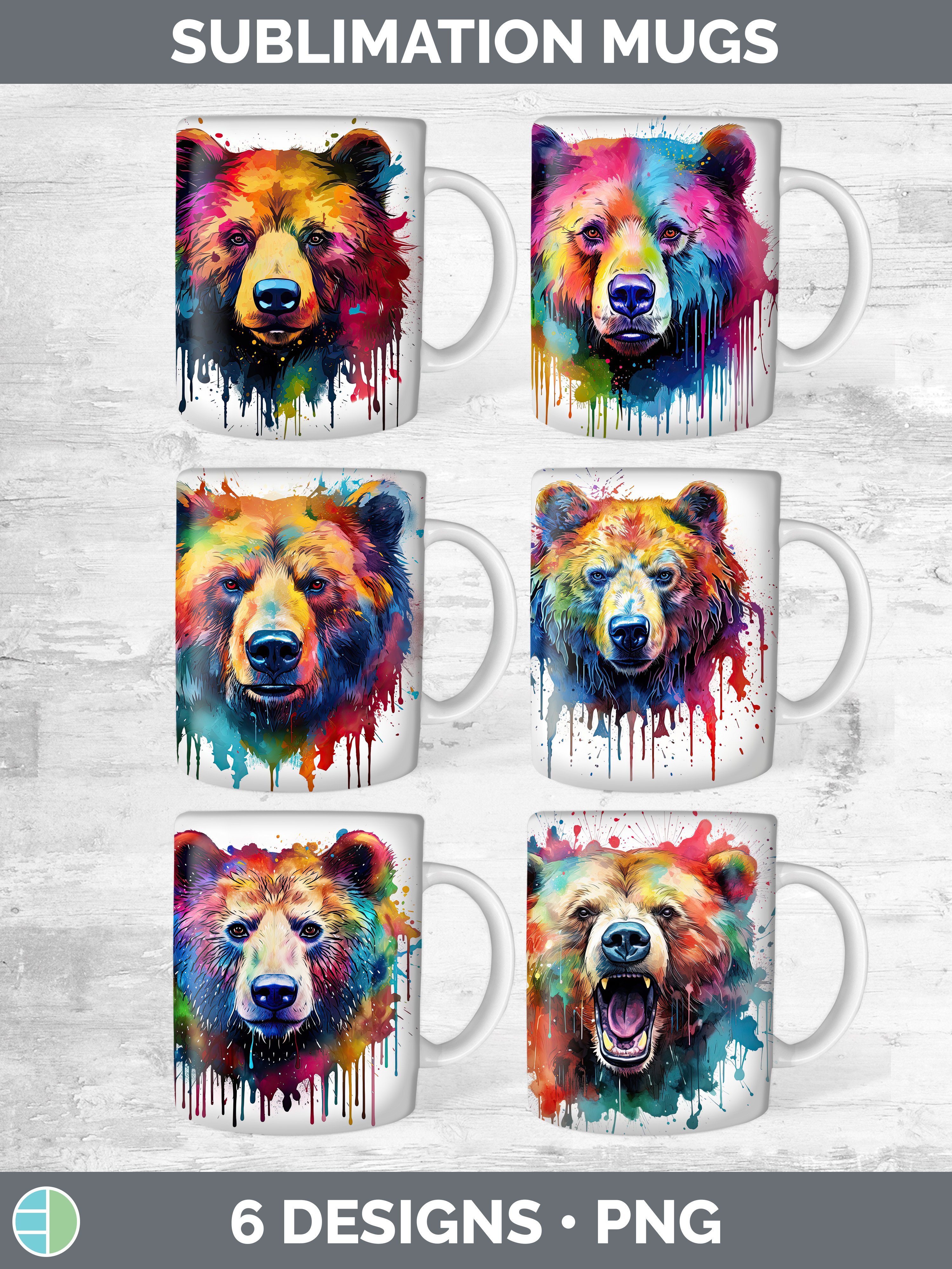 Splat Rainbow Grizzly Bear Mug Wrap | Sublimation Coffee Cup