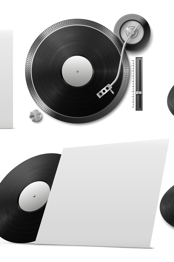 Vinyl record mockup. Realistic black vinyl disc with cover f