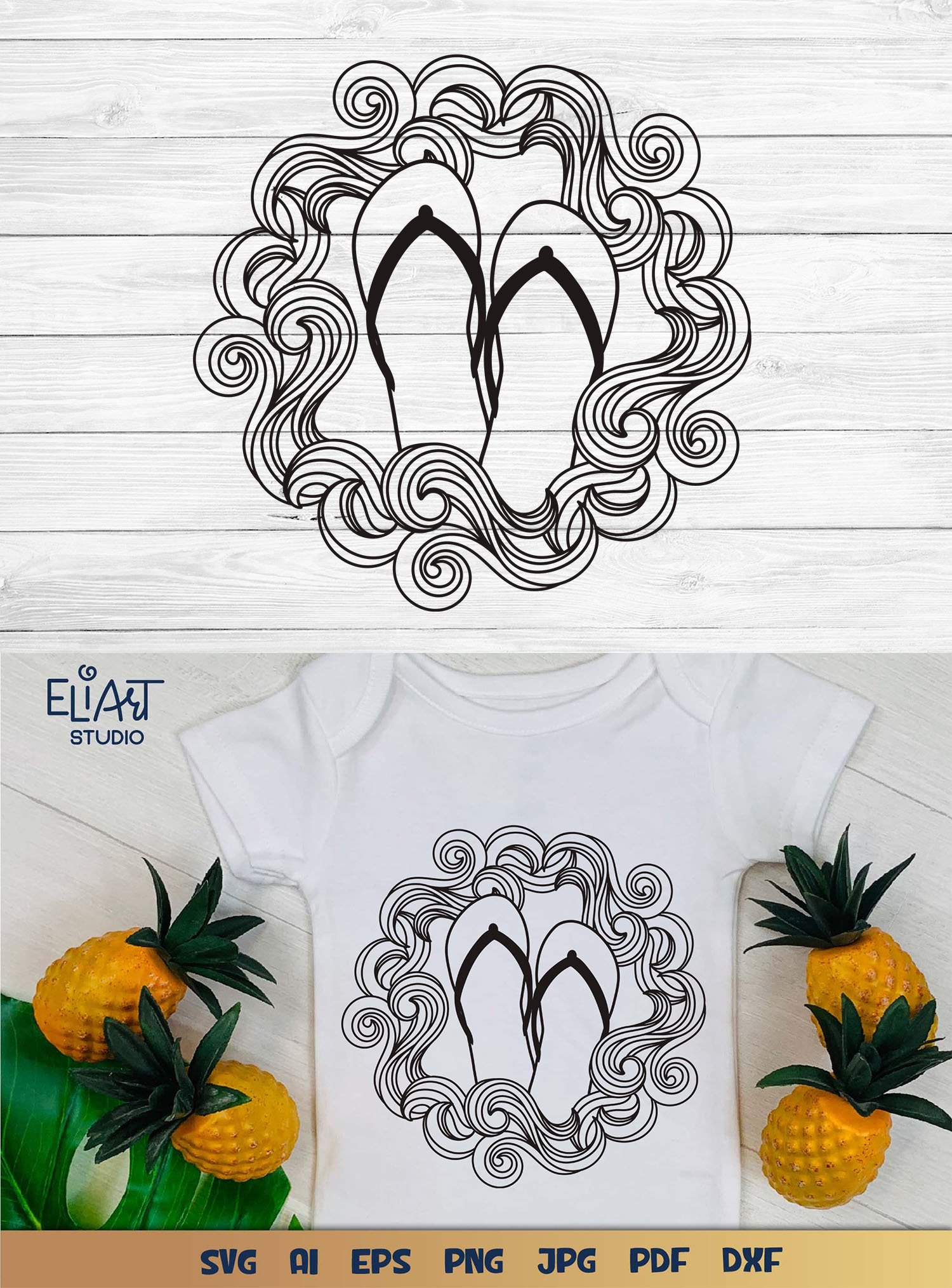 Beach Flip Flops SVG | Summer Design with Ocean Waves Frame