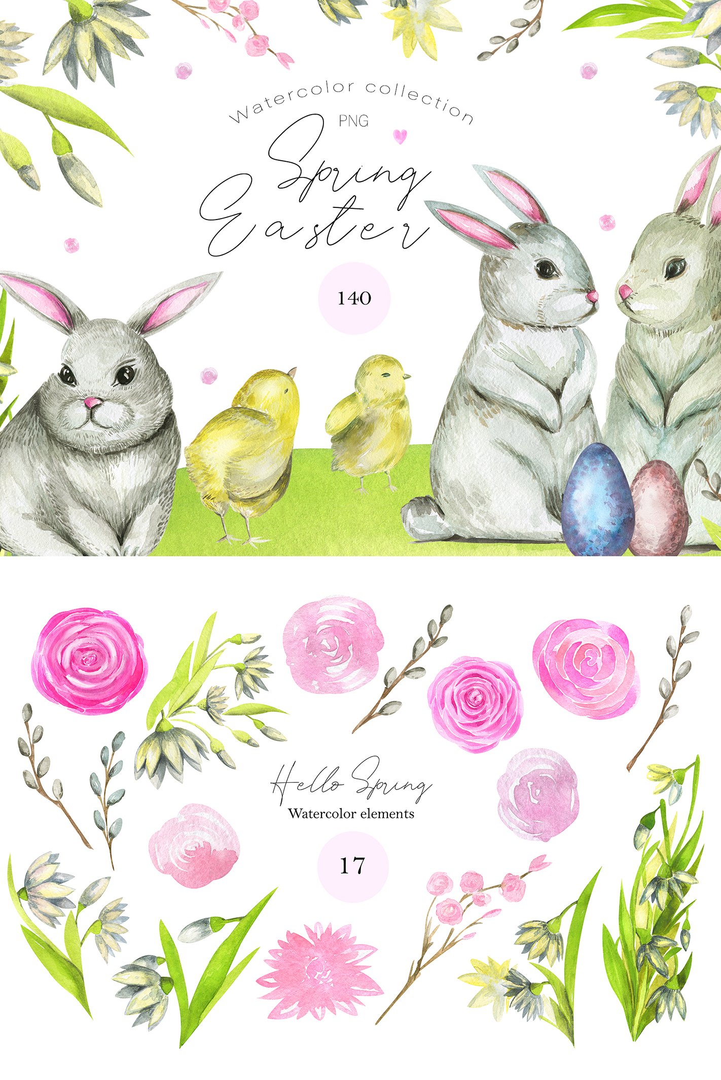 Watercolor Easter clipart with spring floral and animals