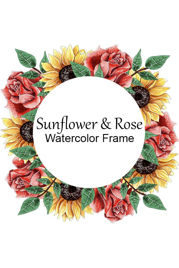 Sunflower and Rose Floral Frame Watercolor Clipart Png