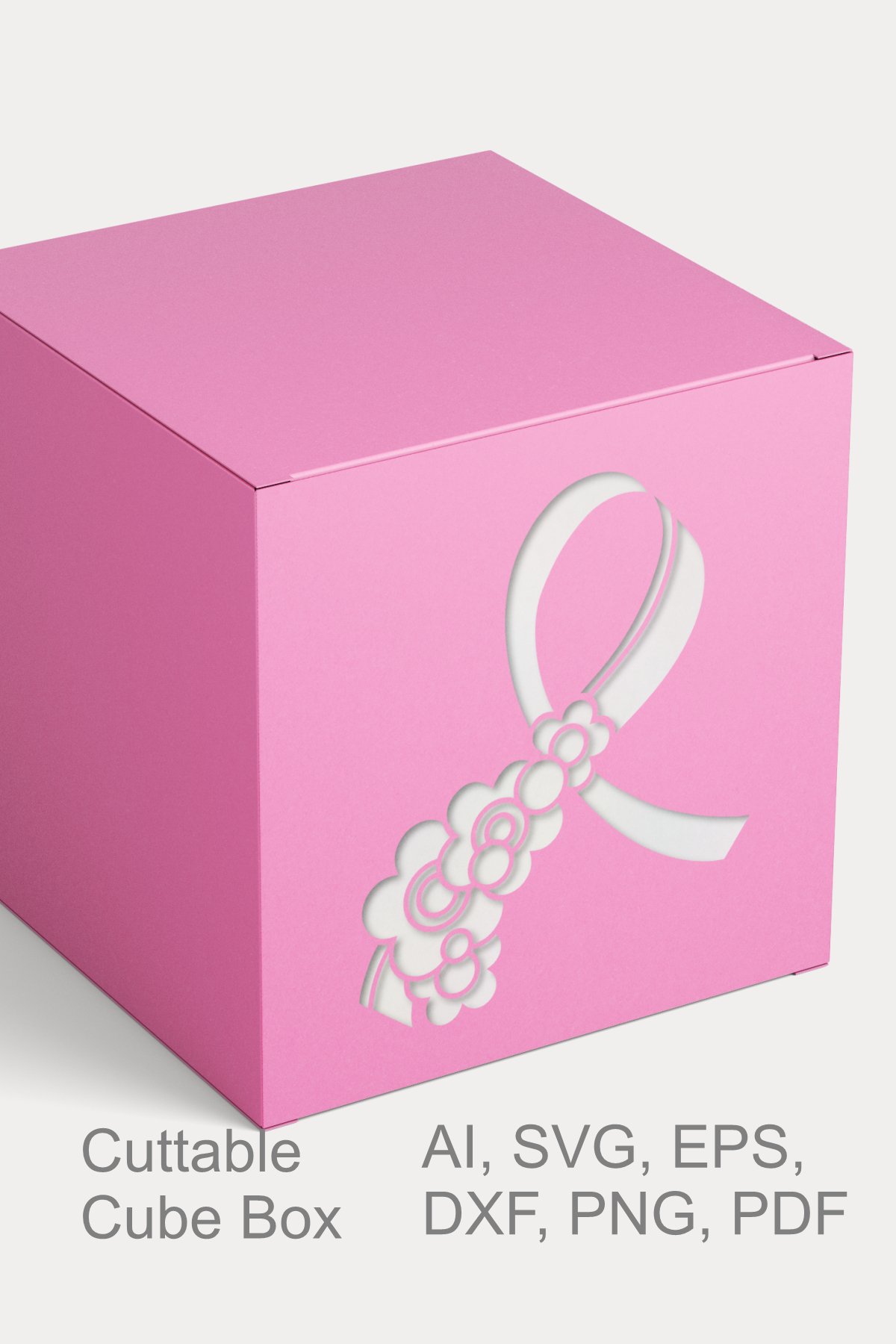 Floral Cancer Awareness Ribbon Cube Gift Box Template SVG