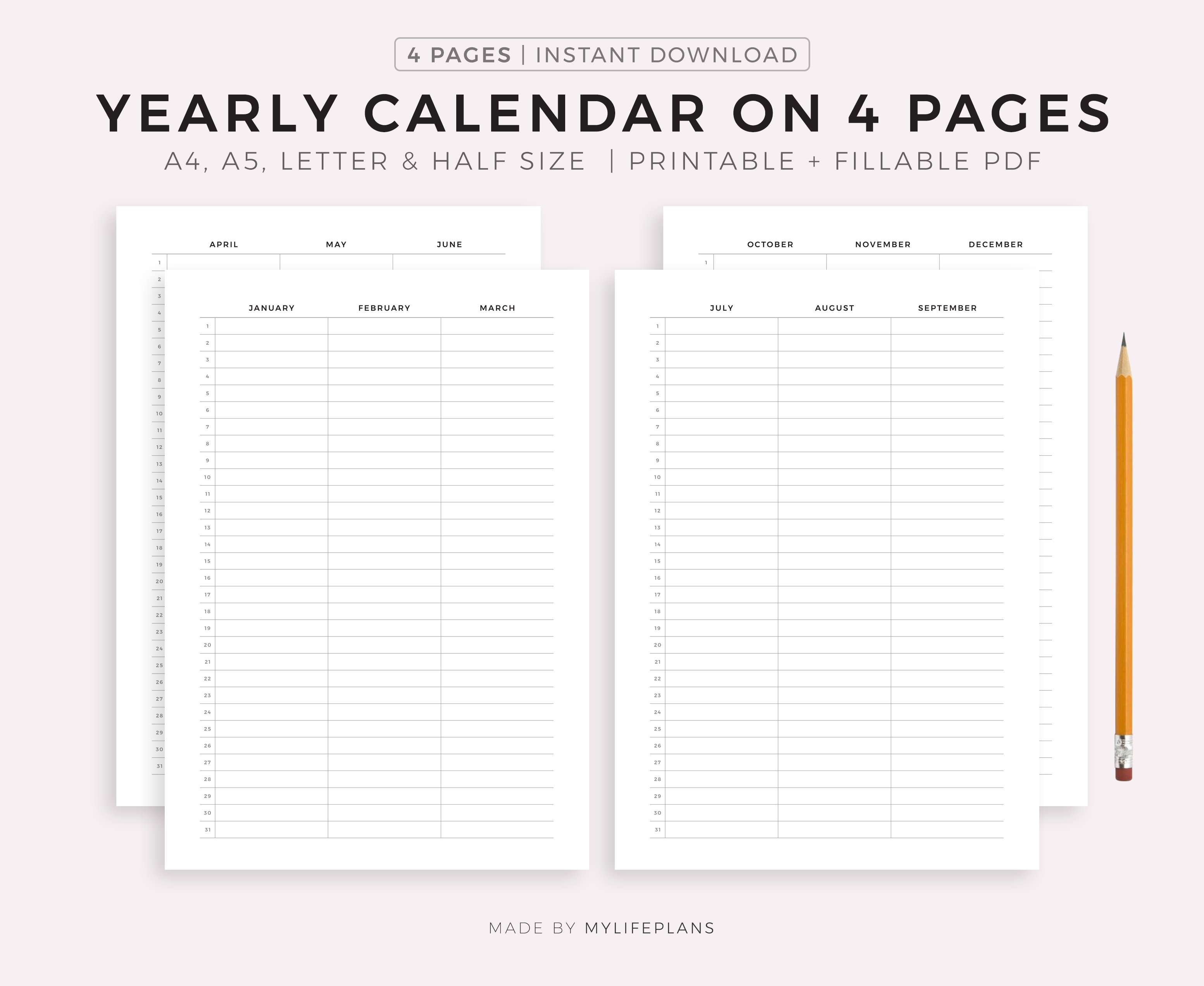 Year Calendar on Four Pages Printable & Fillable PDF