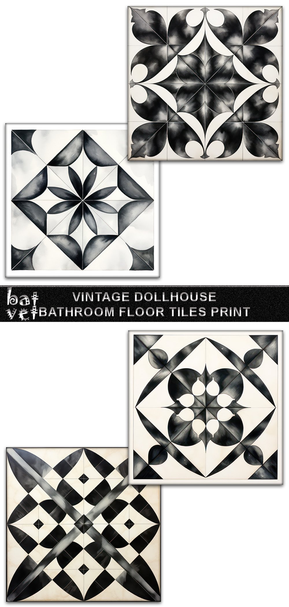 Antique Dollhouse Bathroom Tile Design Vintage Floor Print