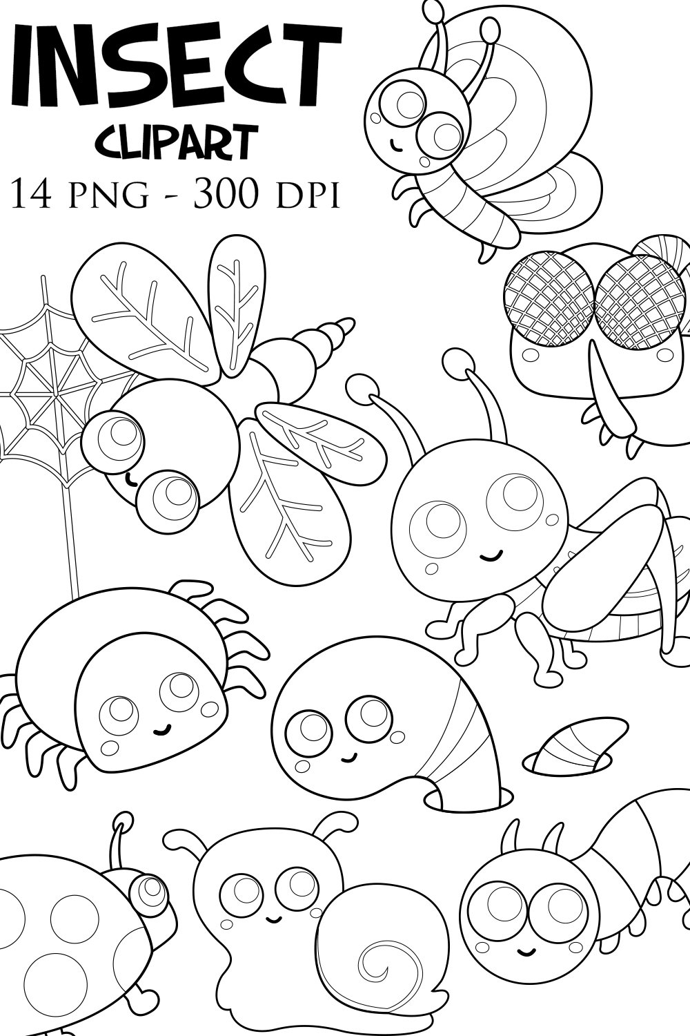 Happy Insect Outline Cute Insects Animals Nature Sticker Outline Digital Stamp