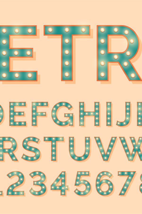 Light bulb letters. Retro text, lightbulb alphabet and numbe