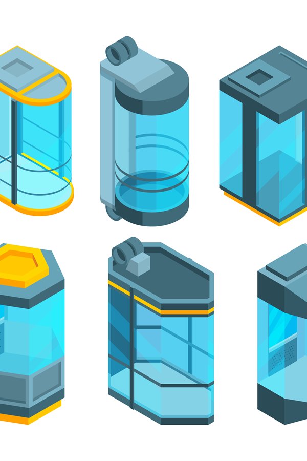 Various glass elevators with steel gates and panels. Isometr