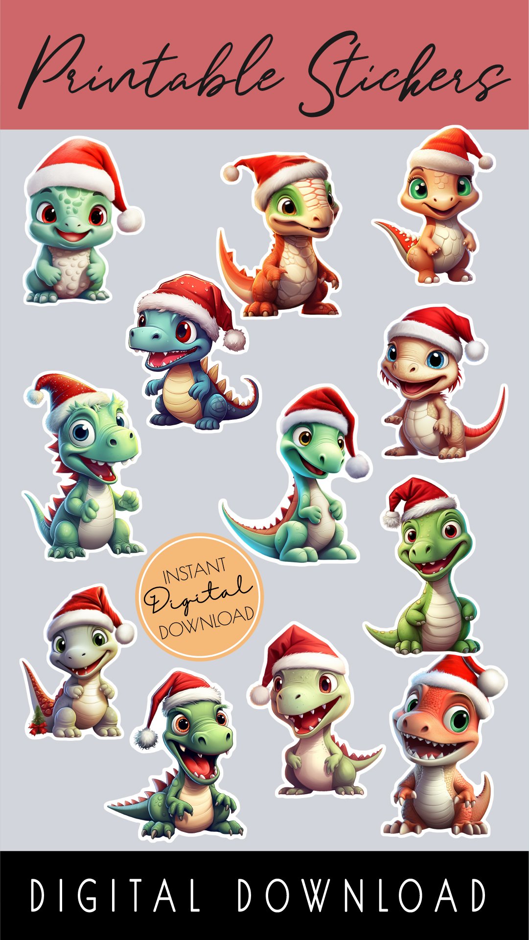Christmas Dinosaur Printable Christmas Stickers Bundle