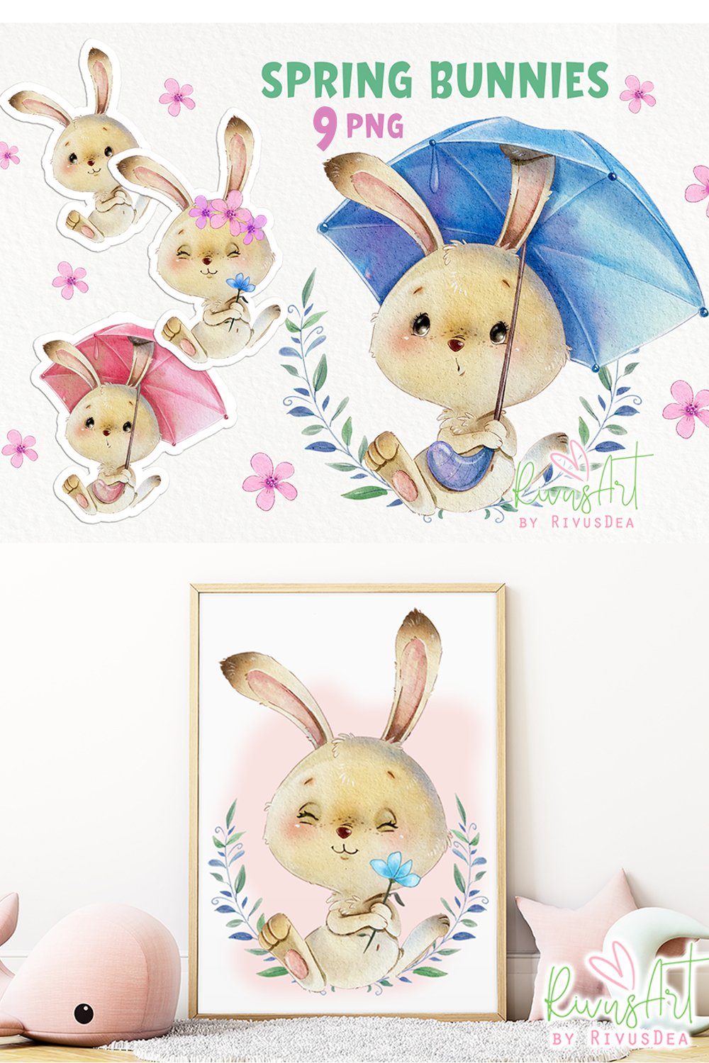 Cute watercolor bunny PNG clipart pack | Spring Easter Bunny