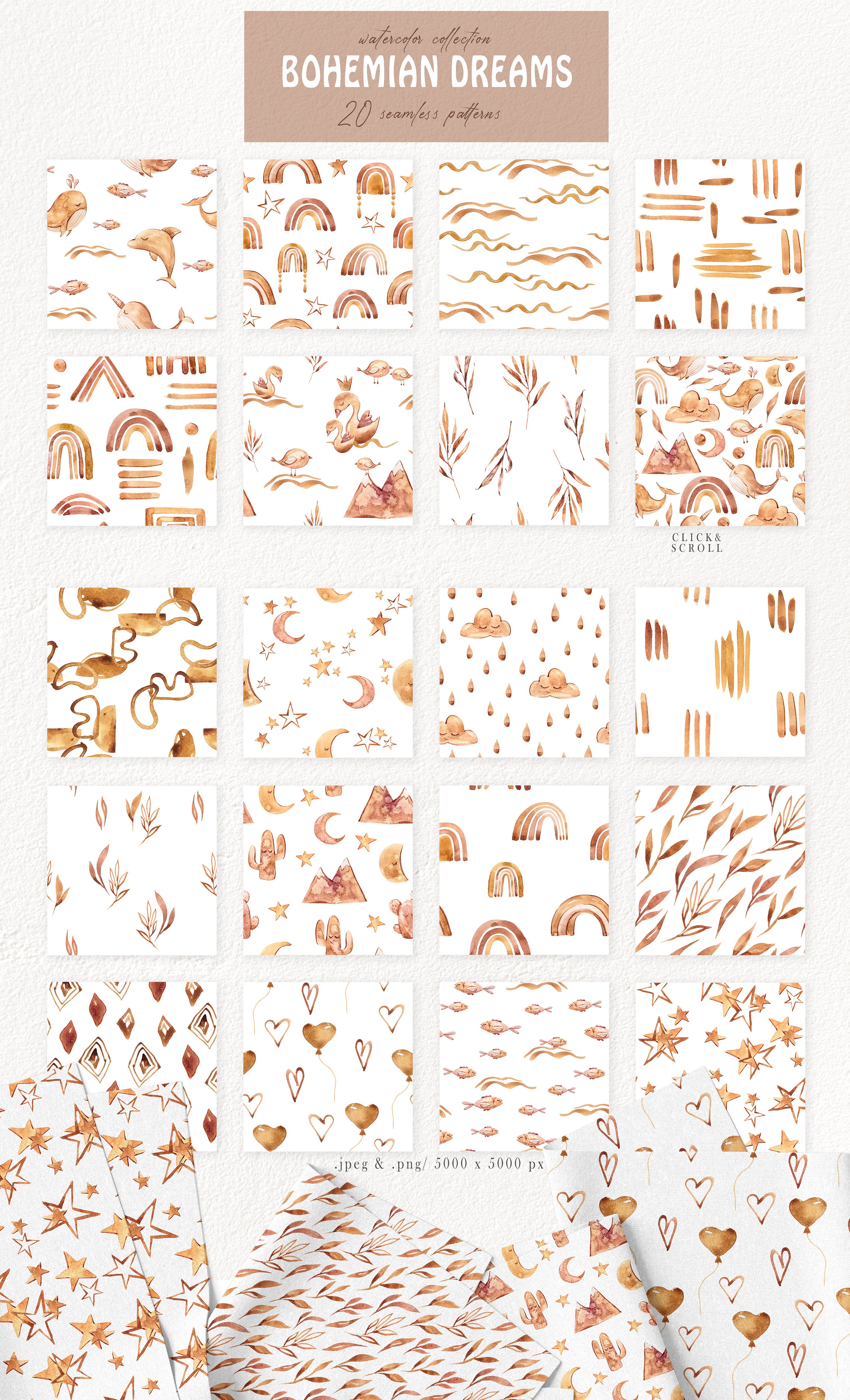 Watercolor boho nursery seamless patterns / seamless designs