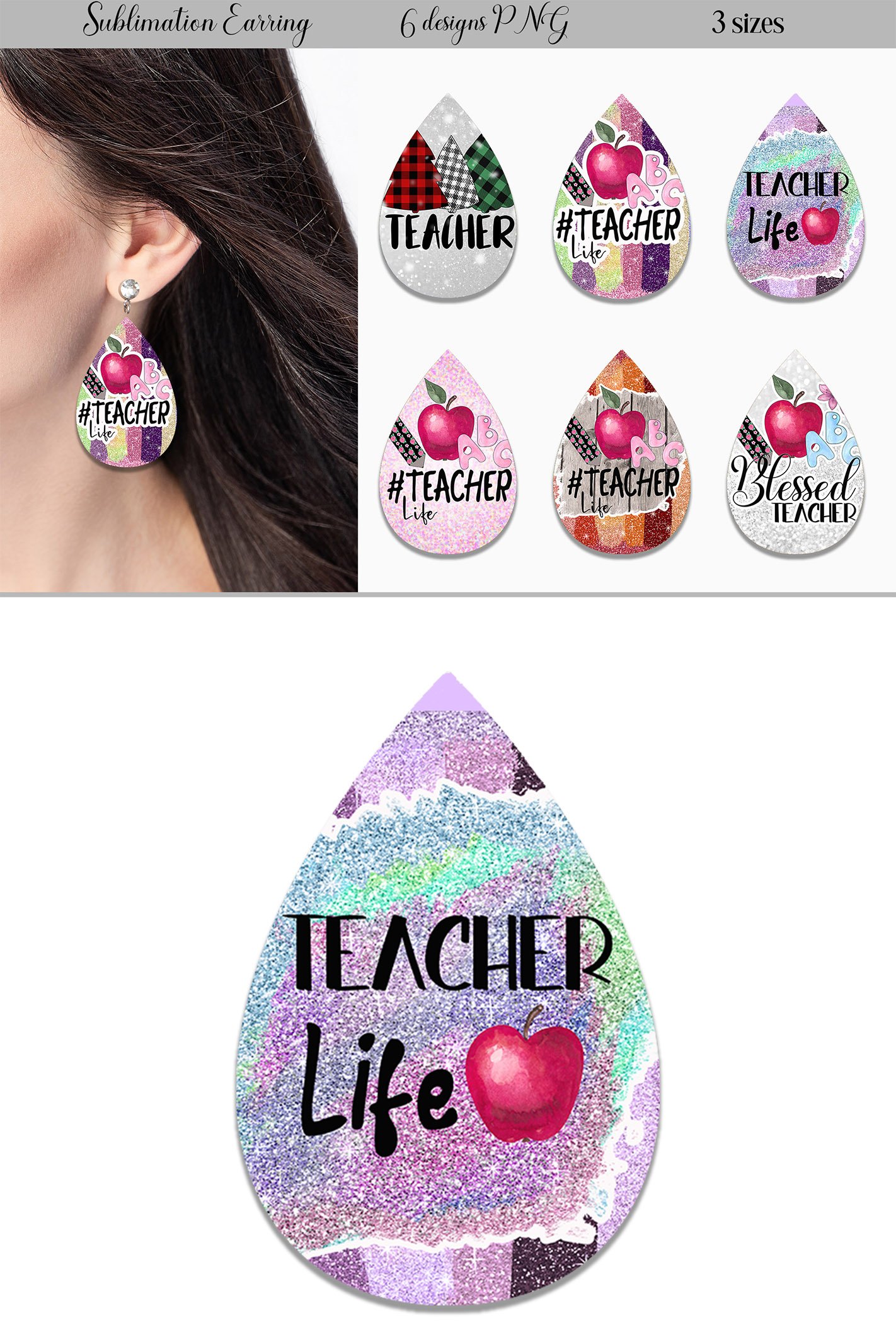 Teacher Earrings Sublimation Design PNG