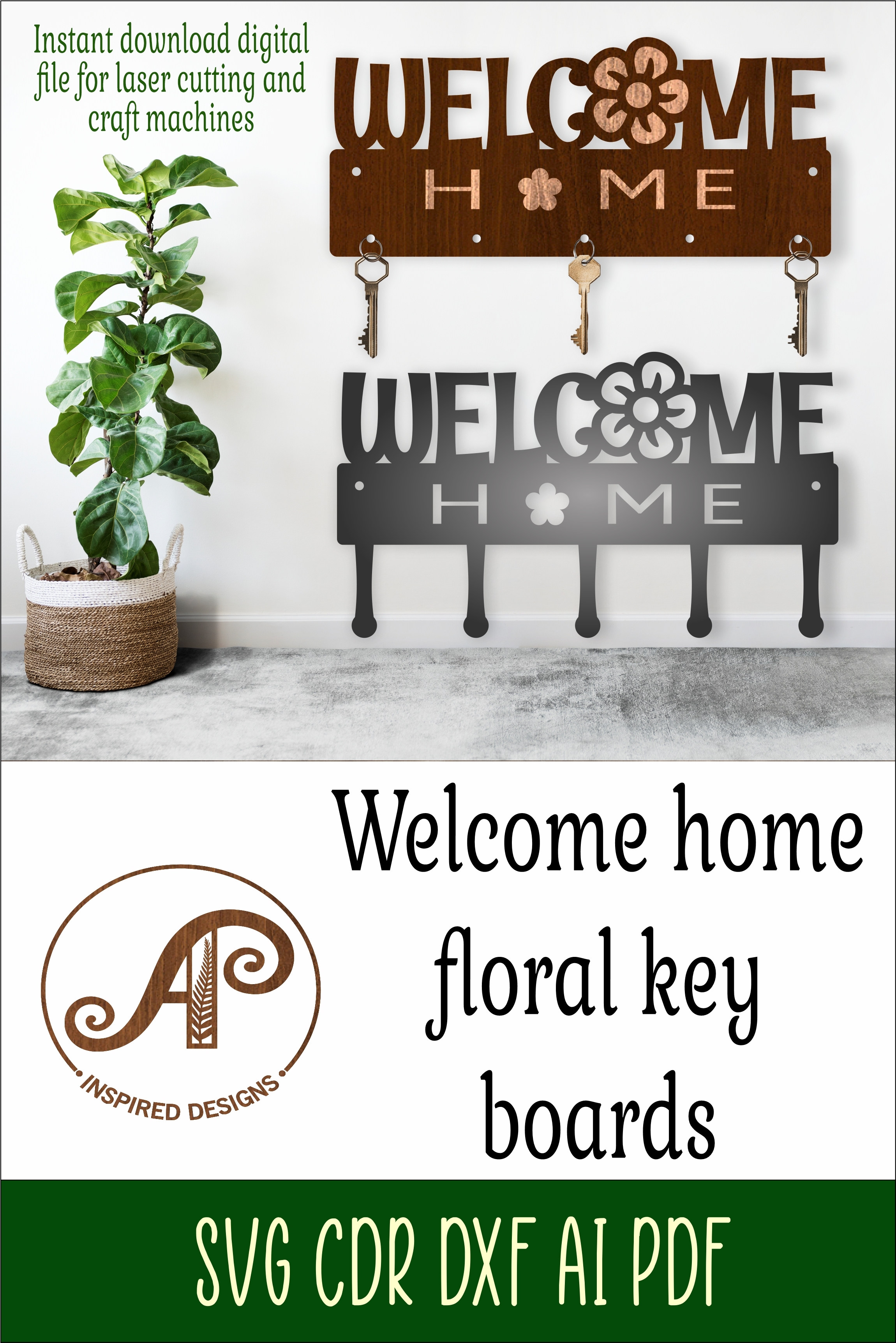 Welcome Home Key Sign Floral welcome home Key holders for metal and laser cutting