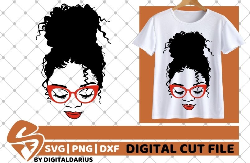 Black Woman in Cat Eyes Glasses svg, Messy Bun, Curly Hair (721384