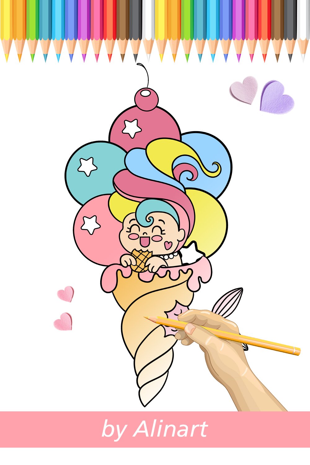 Cute Mermaid with ice cream coloring page for kids