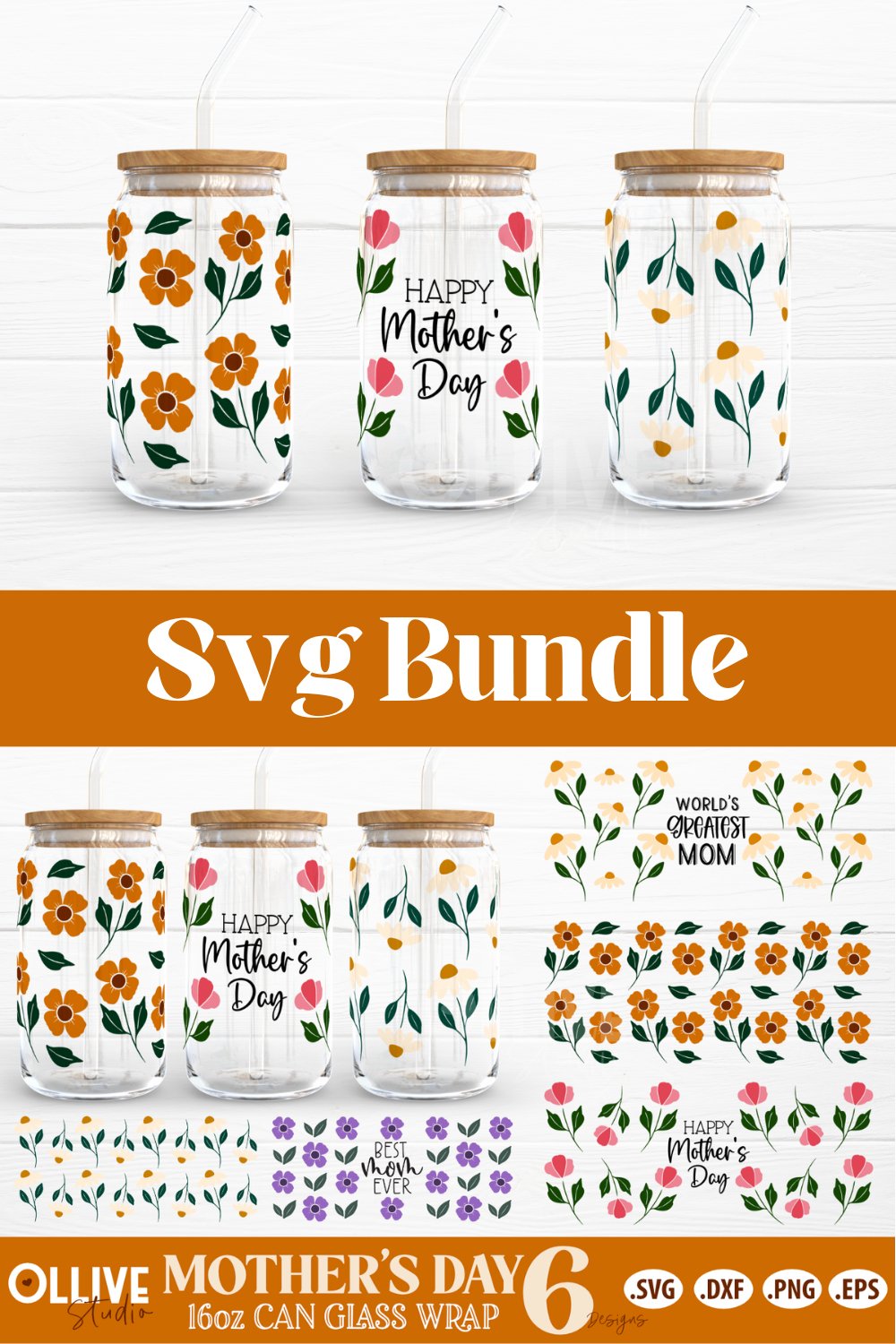 Mother's Day Floral 16oz Can Glass SVGs Bundle