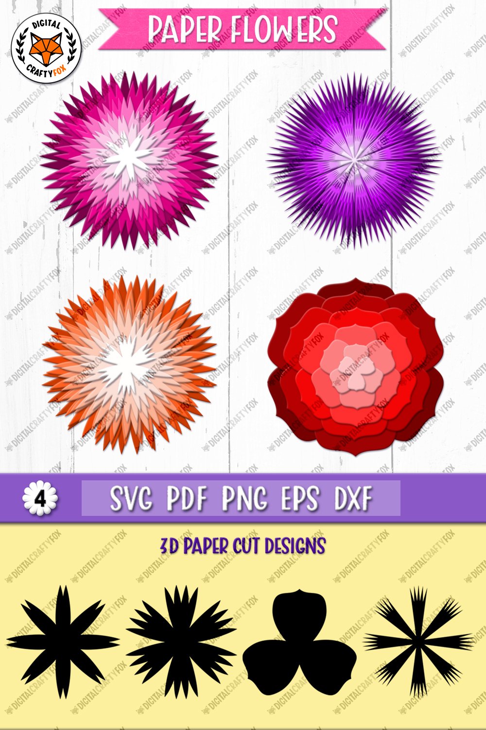 3D Paper Flowers SVG, Flowers Silhouette SVG