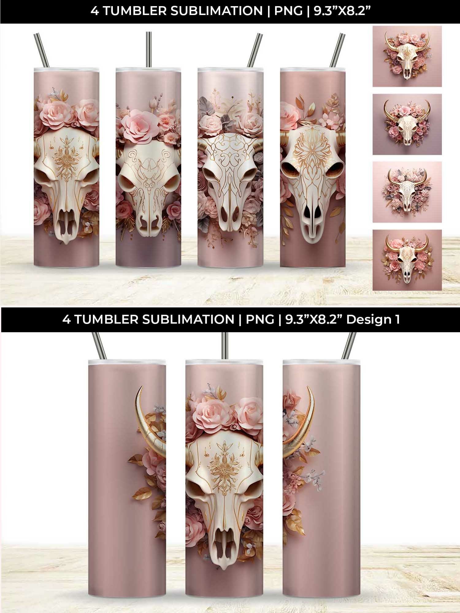 3d Gold Pink Bull Skull Tumbler Wrap Sublimation PNG
