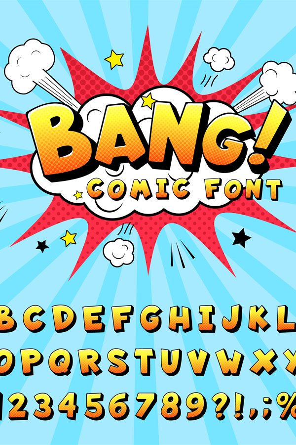 Comic book alphabet. Retro cartoon comic book graphic abc