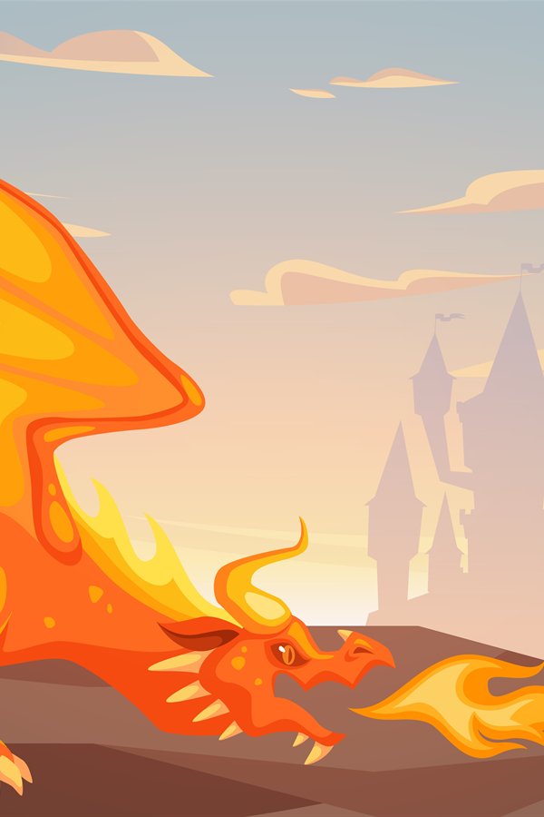 Battle with dragon. Ancient warrior fighting fire-breathing