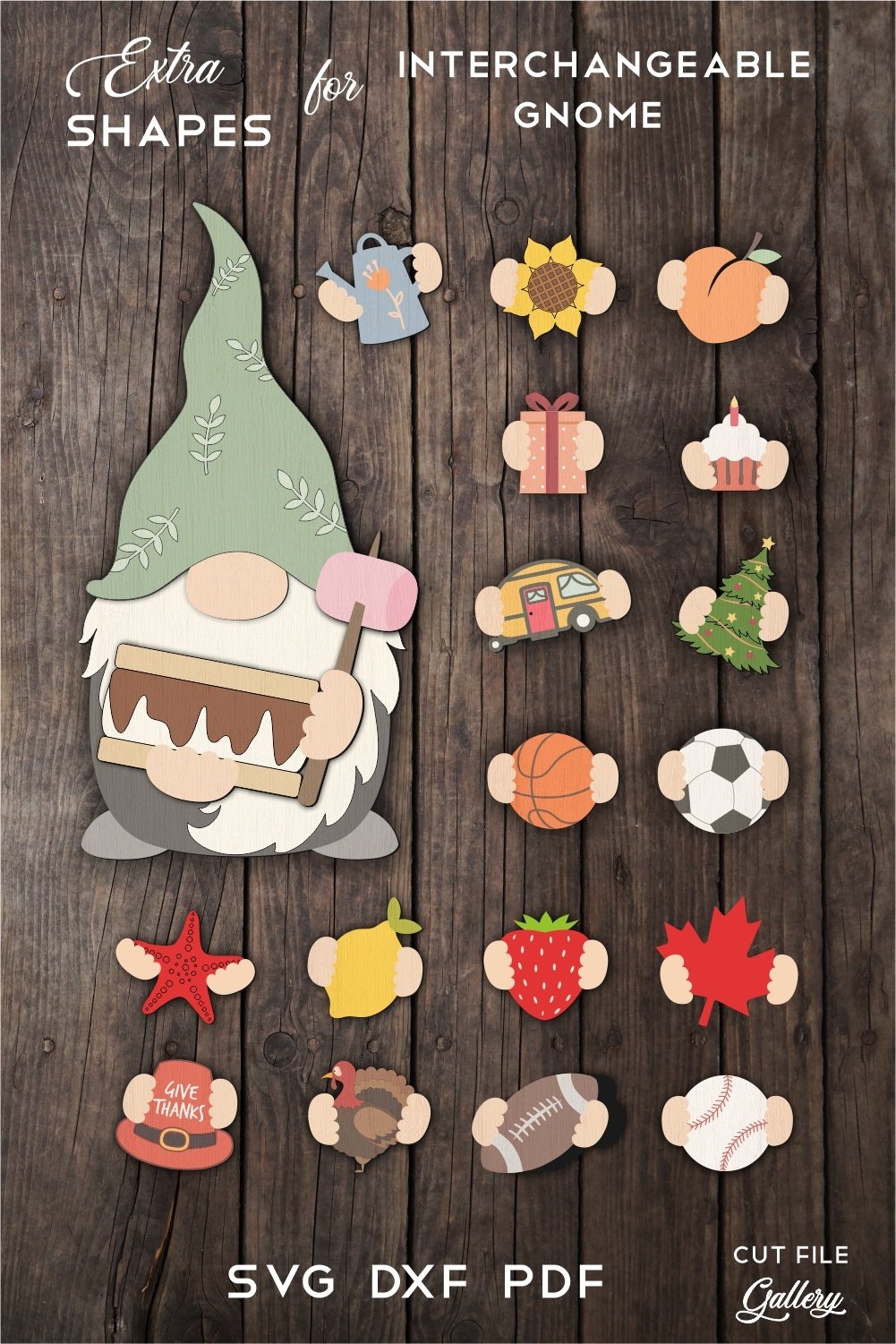 Extra shapes for interchangeable gnome / SVG laser cut file