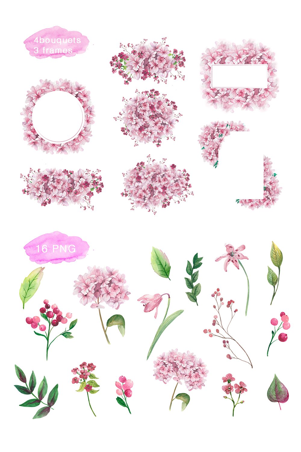 Watercolor Pink Hydrangea Floral Frame Clipart | Wedding PNG