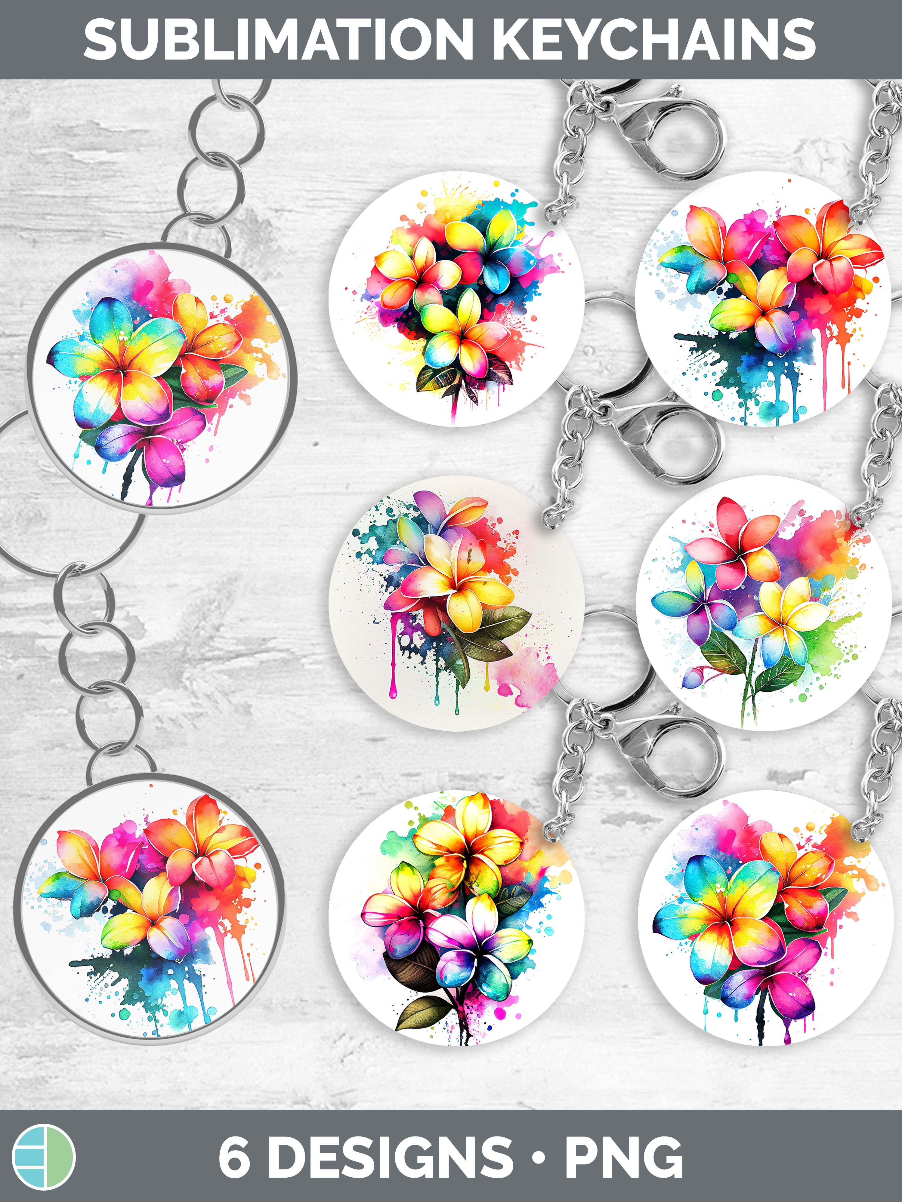 Rainbow Plumeria Flowers Keychain Sublimation Keyring Desi