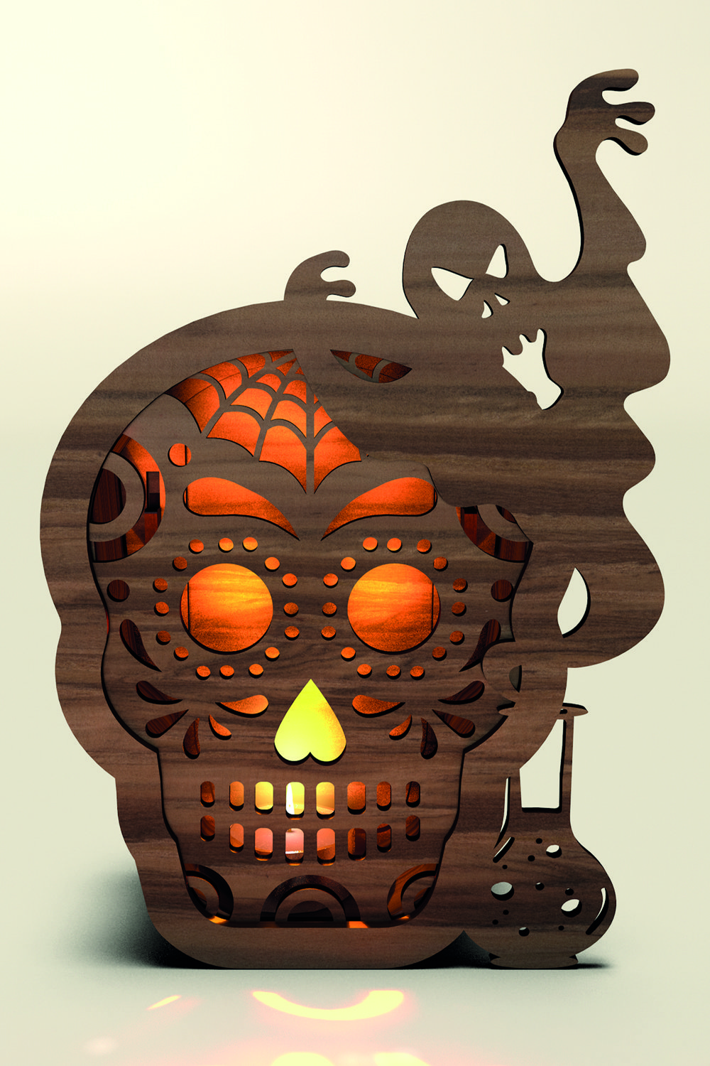 Halloween Skull Candle Holder with Ghost