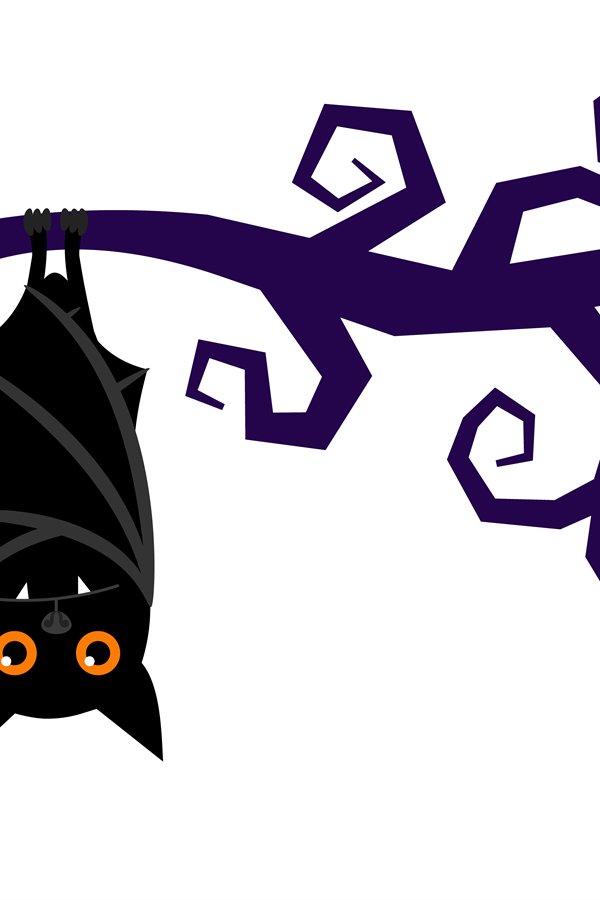 Cartoon halloween bat hanging on tree branch vector