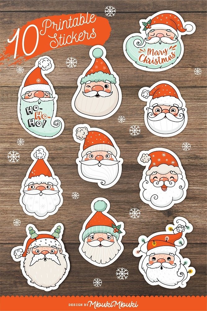 Santa Claus faces / Printable Christmas Stickers for Cricut