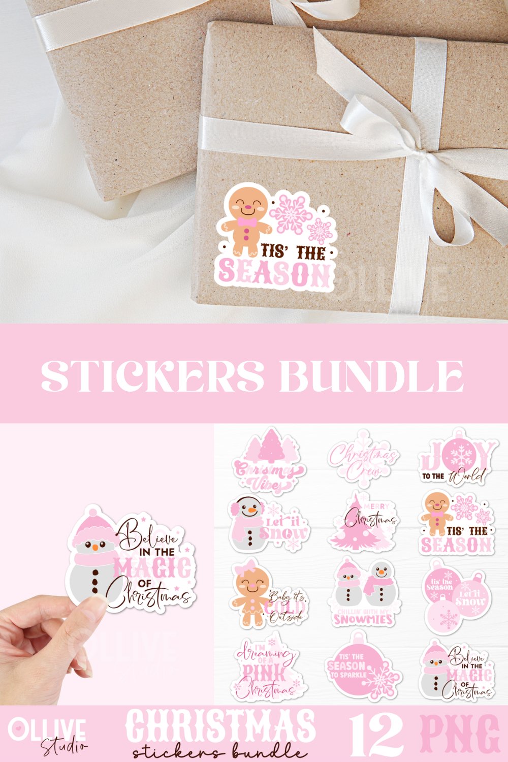 Pink Christmas Stickers PNG Bundle