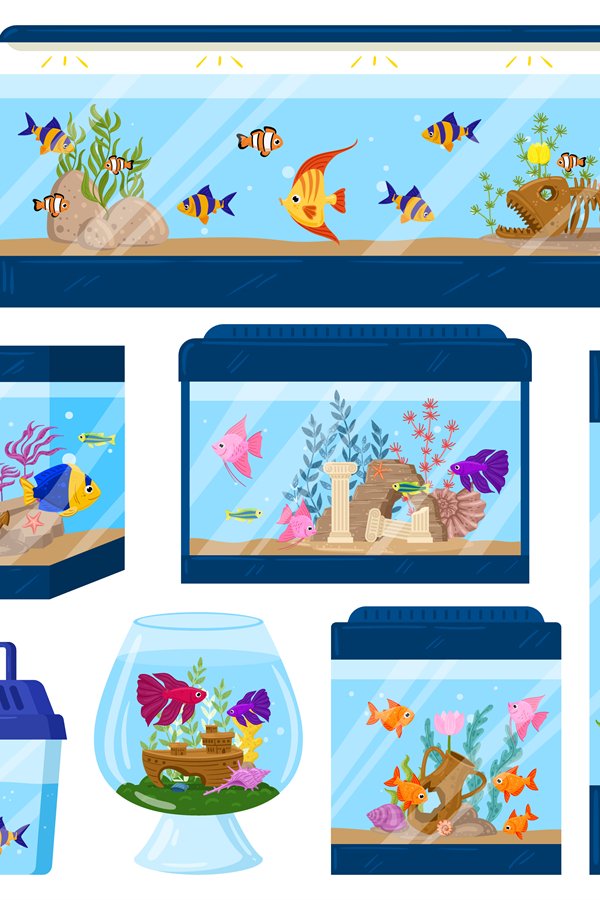 Cartoon aquariums with underwater fish, algae and corals. Aq