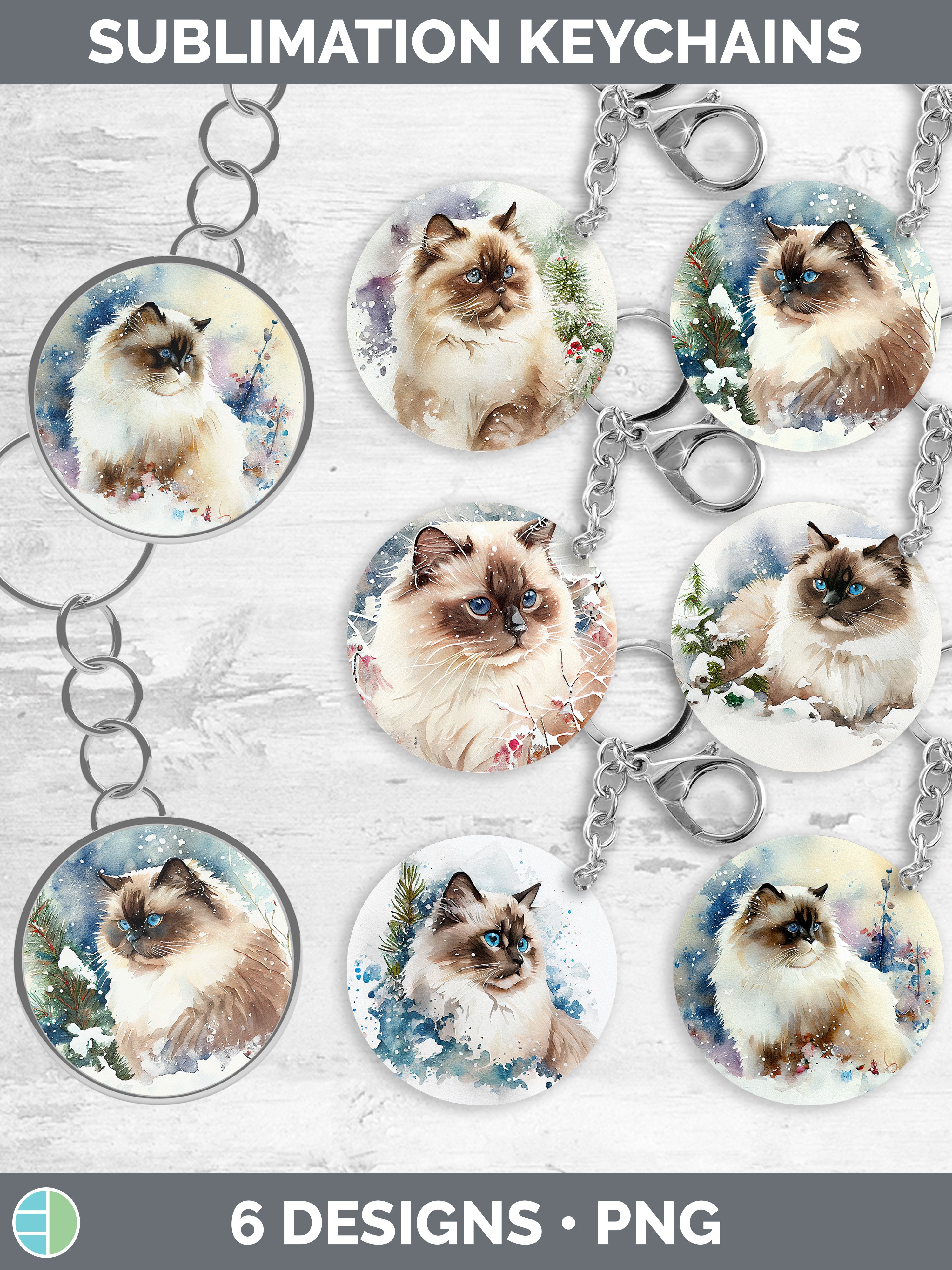 Winter Ragdoll Cat Keychain Bundle Keyring Sublimation Des