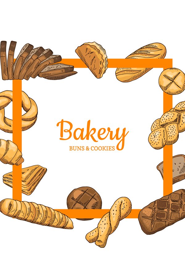 Vector frame with hand drawn colored bakery elements