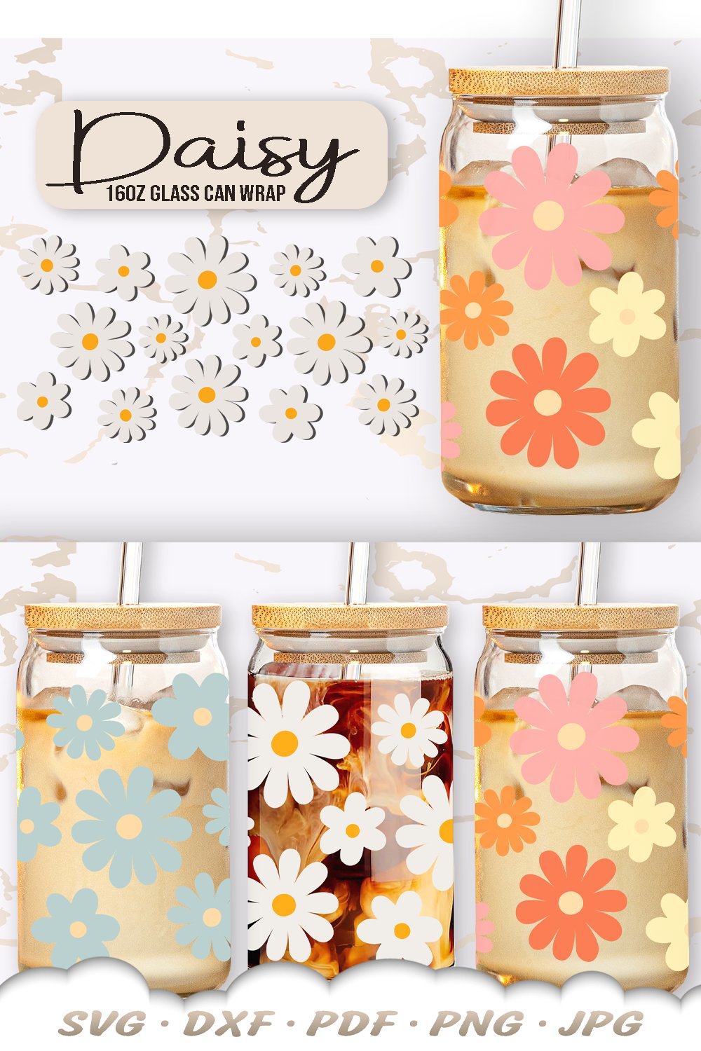 Floral Glass Can Wrap SVG | Daisy SVG | Retro Flower Svg