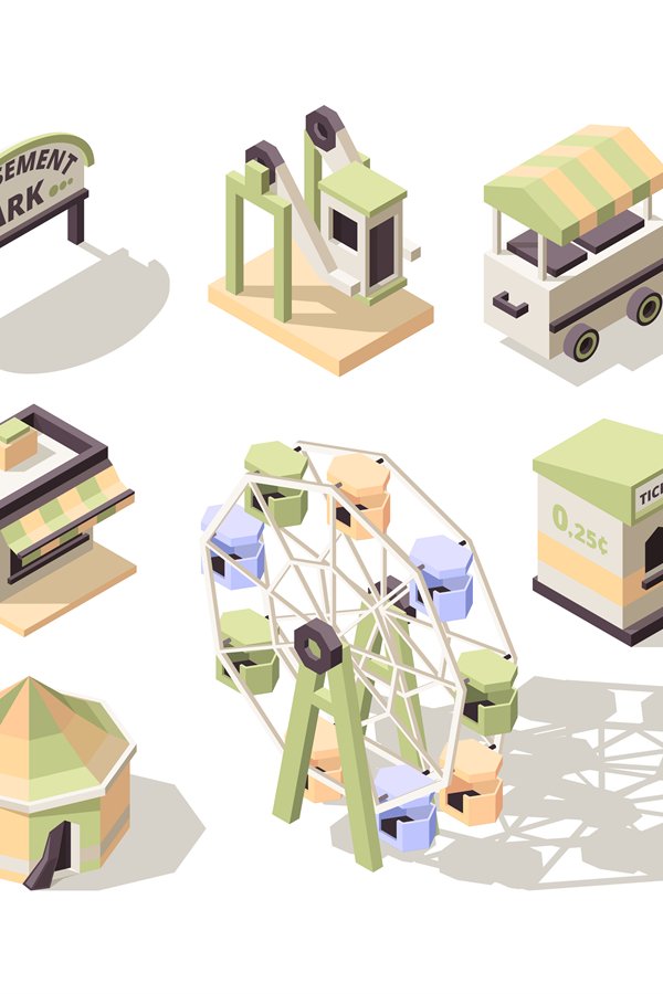 Amusement isometric. Carousel fun park for kids with attract