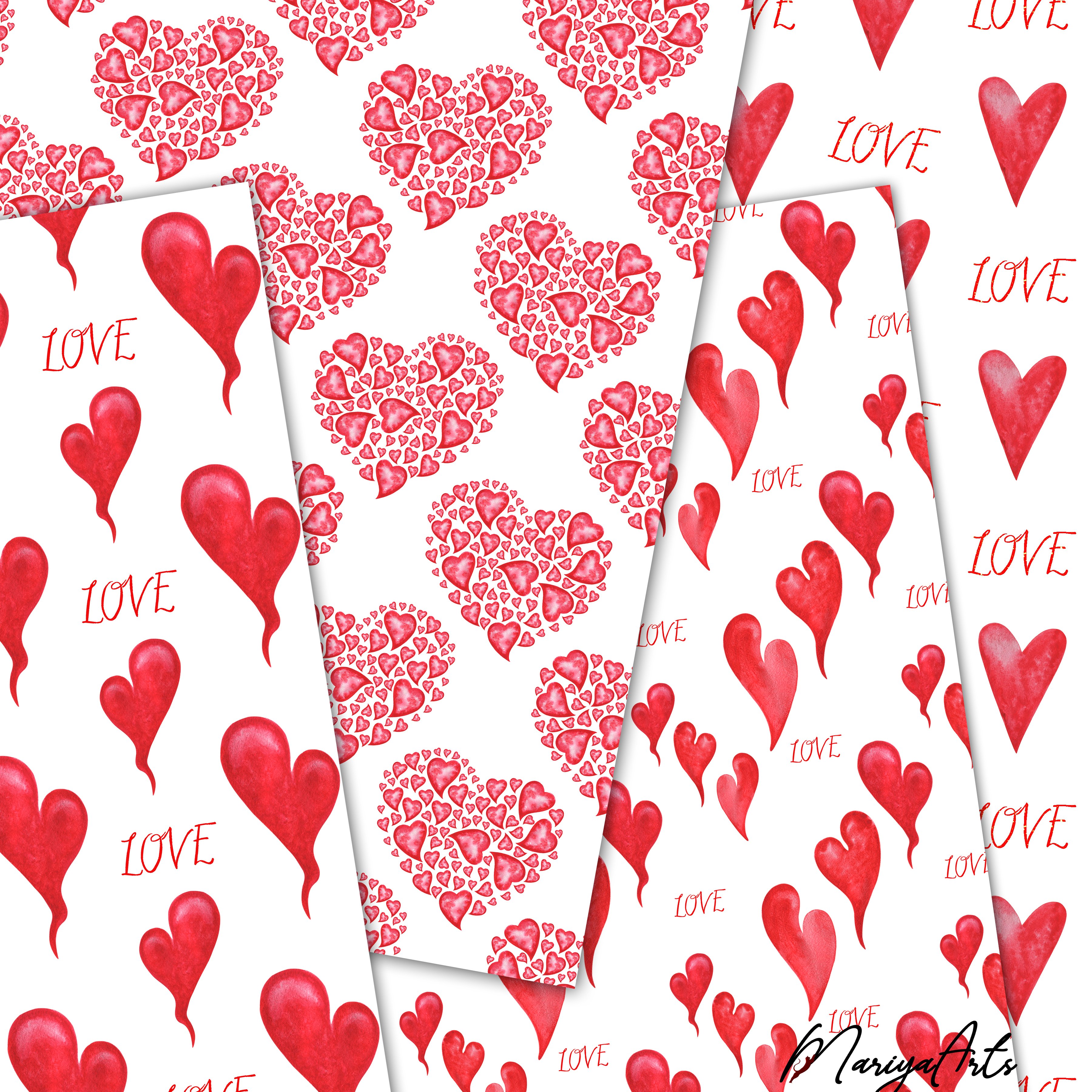 Red Hearts Digital Paper Pack, Love Kiss, Seamless Patterns