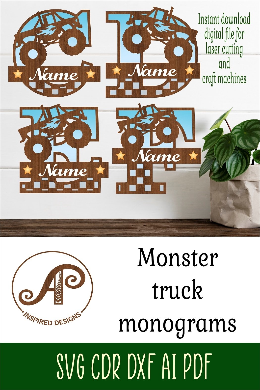 Monster truck monogram letter bundle Name signs SVG 3 layer