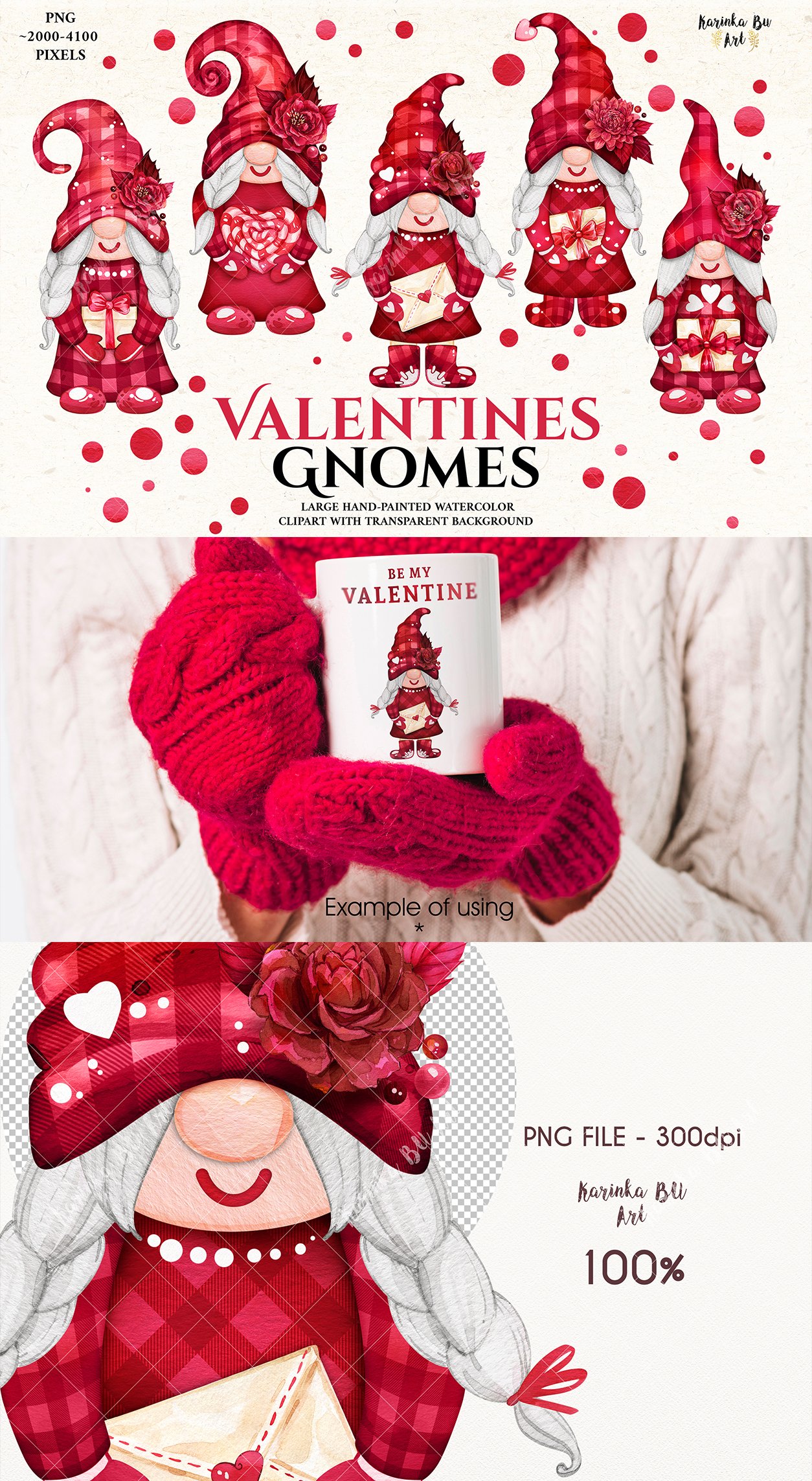 Watercolor red Clipart Valentines day gnomes