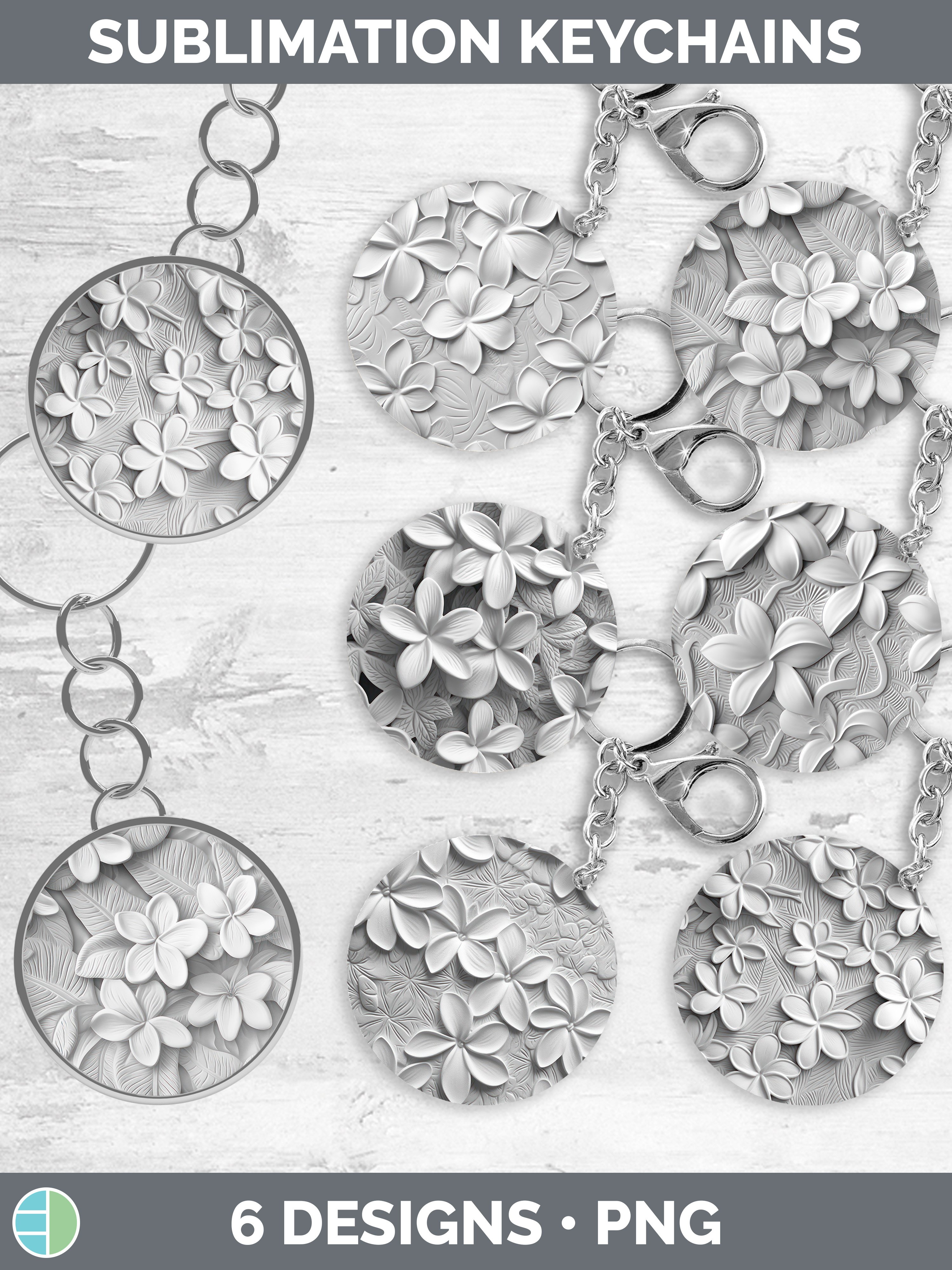 3D White Plumeria Flowers Keychain Sublimation Keyring Des