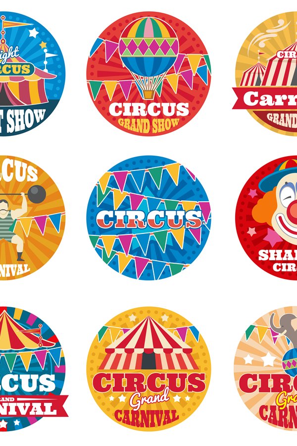 Circus vintage vector labels and emblems
