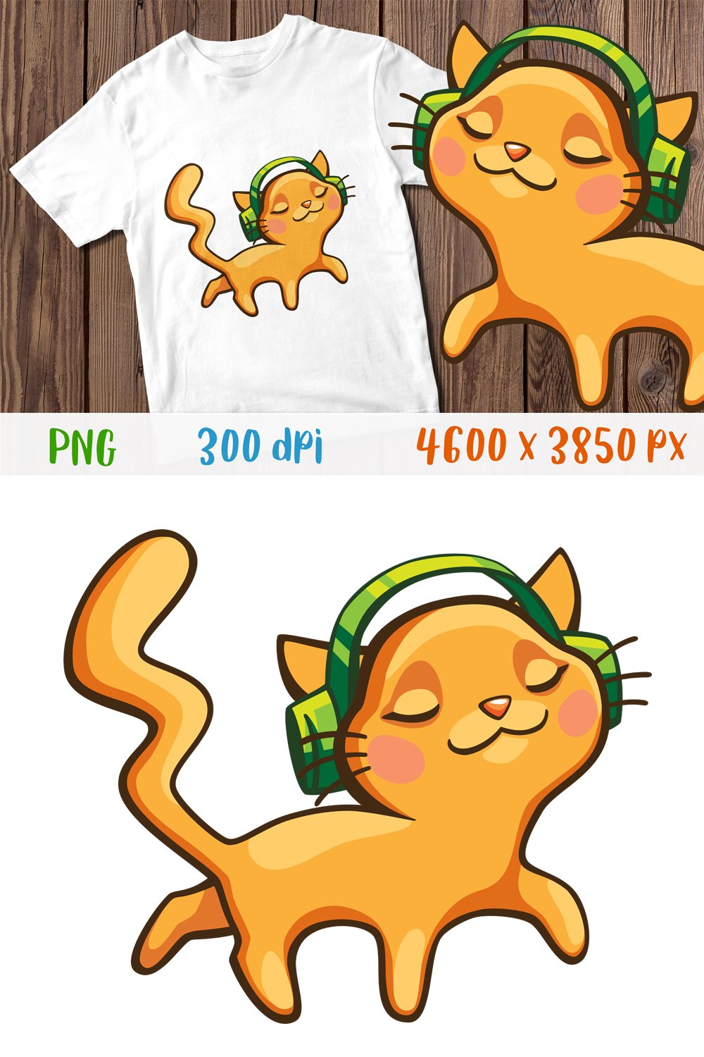Cat illustration t shirt design Sublimation PNG Music lover