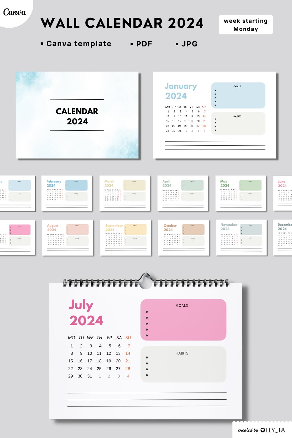 Wall Calendar 2024 Printable Planner| Canva Template