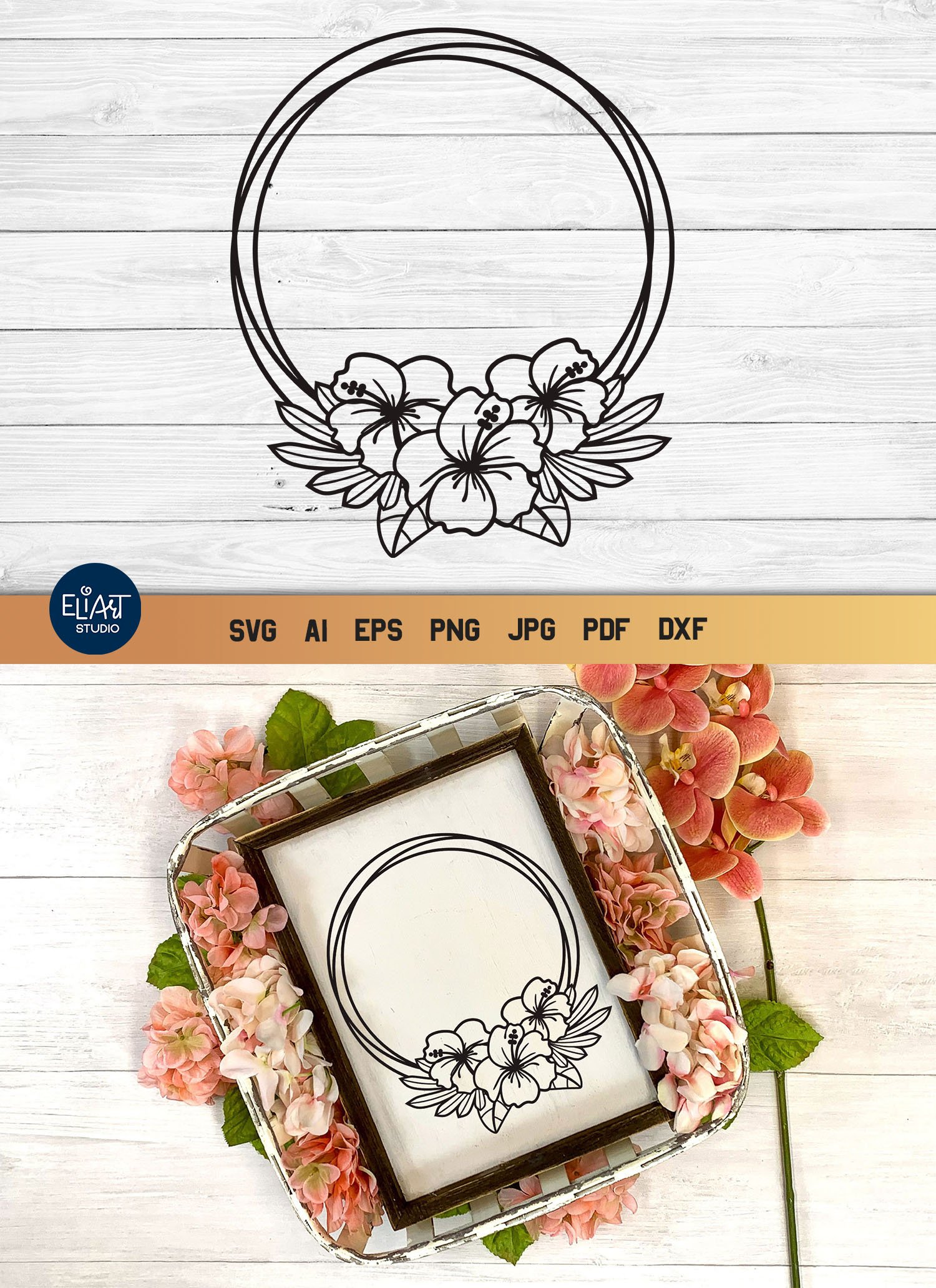 Tropical Flower SVG Circle Frame | Hibiscus Round Monogram
