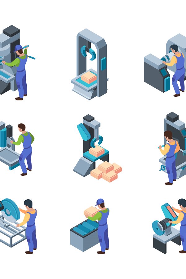 Machine tools workers. Heavy factory engineers metalic techn