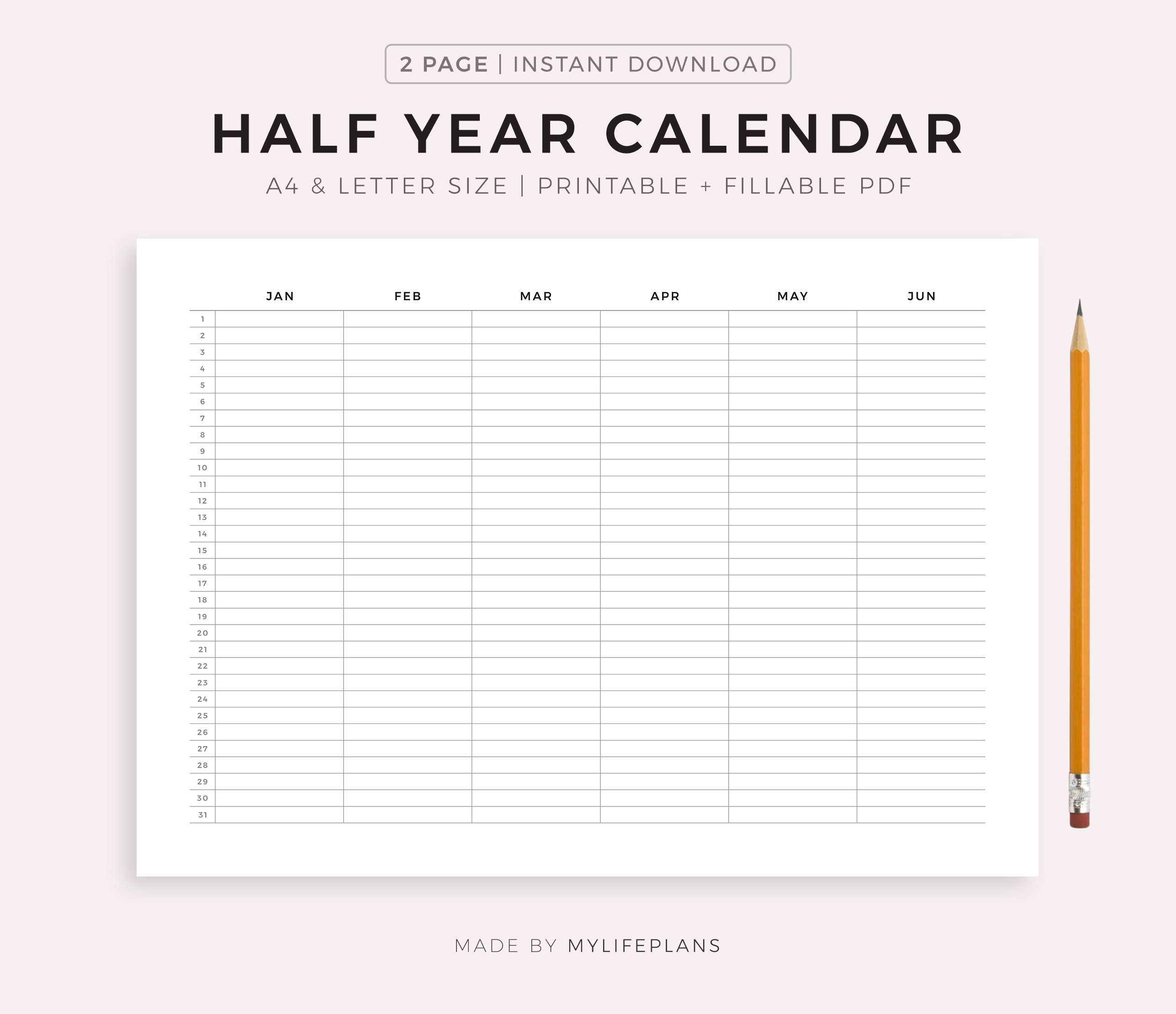 Half Year Calendar Printable, Undated Calendar on 2 Pages
